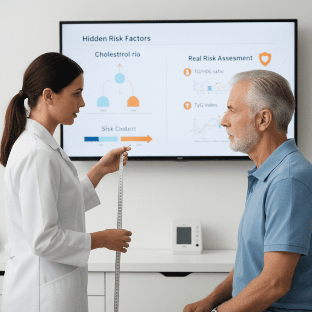 Profissional explicando risco cardiometabólico com indicadores clínicos simples
