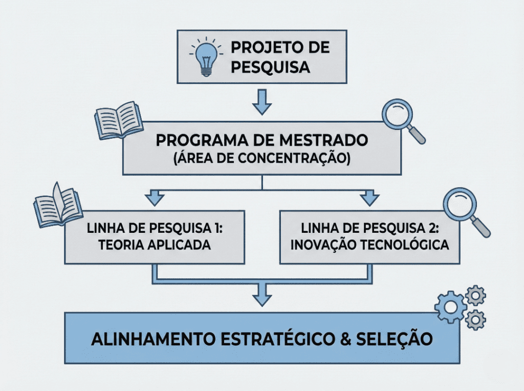 Infográfico explicando como escolher a área de concentração e linhas de pesquisa do mestrado