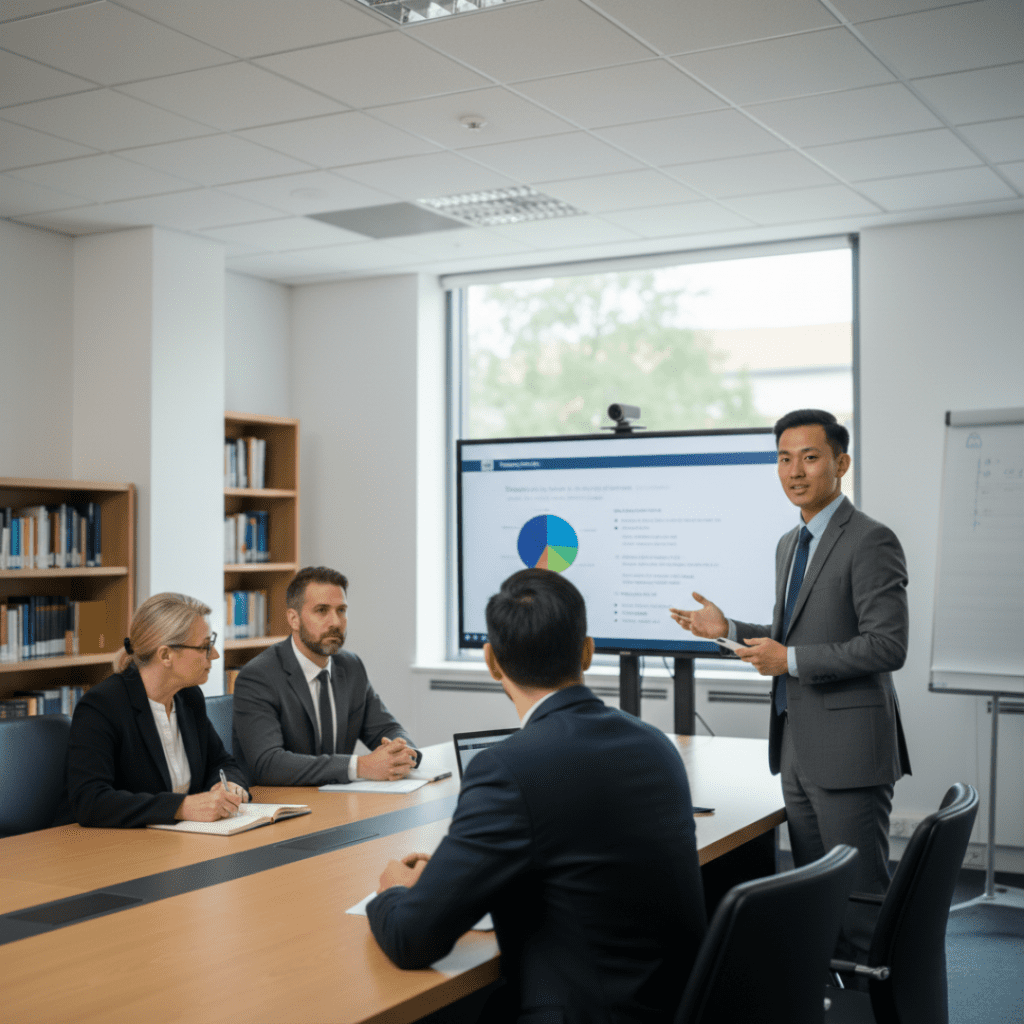 Candidato explicando projeto de mestrado com clareza à banca