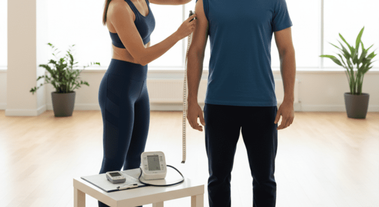 Profissional realizando avaliação física com equipamentos básicos em ambiente moderno.