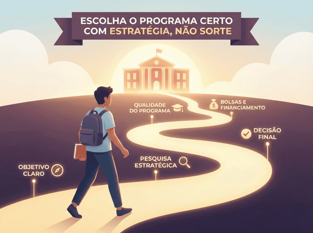 Ilustração mostrando o caminho estratégico para escolher o mestrado ideal