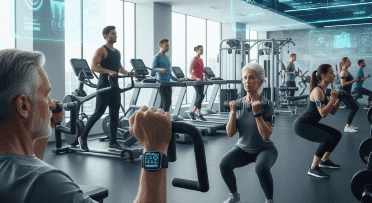 Pessoas de diferentes perfis treinando com tecnologia vestível e equipamentos modernos, representando tendências fitness.
