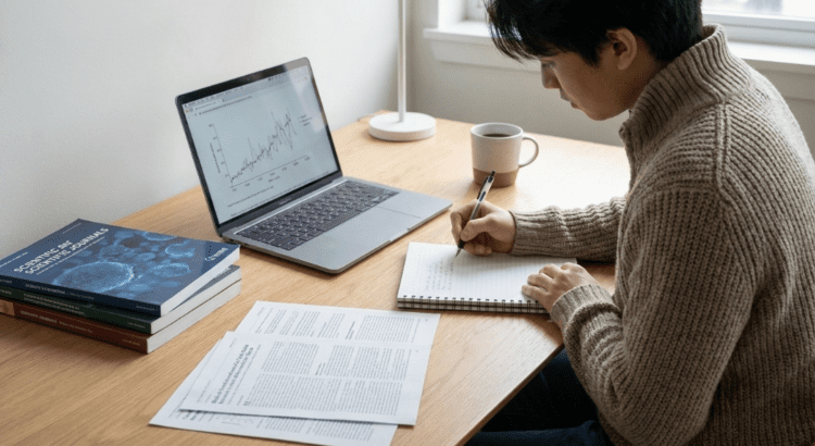 Pessoa estruturando um projeto de mestrado em ambiente acadêmico moderno.