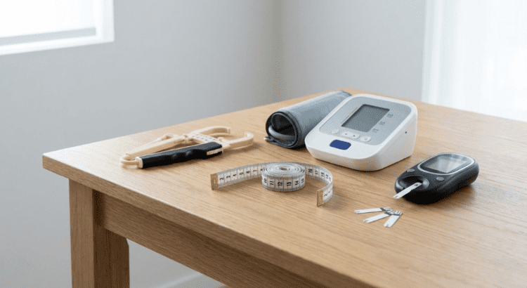 Equipamentos básicos de avaliação física organizados em superfície clara.