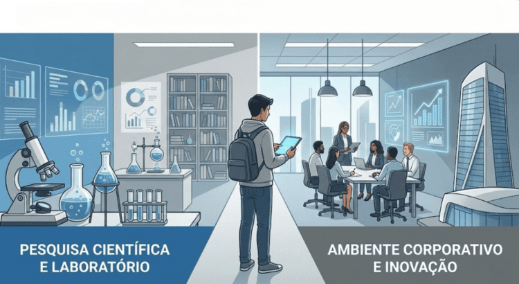 Ilustração mostrando a escolha entre mestrado acadêmico e mestrado profissional