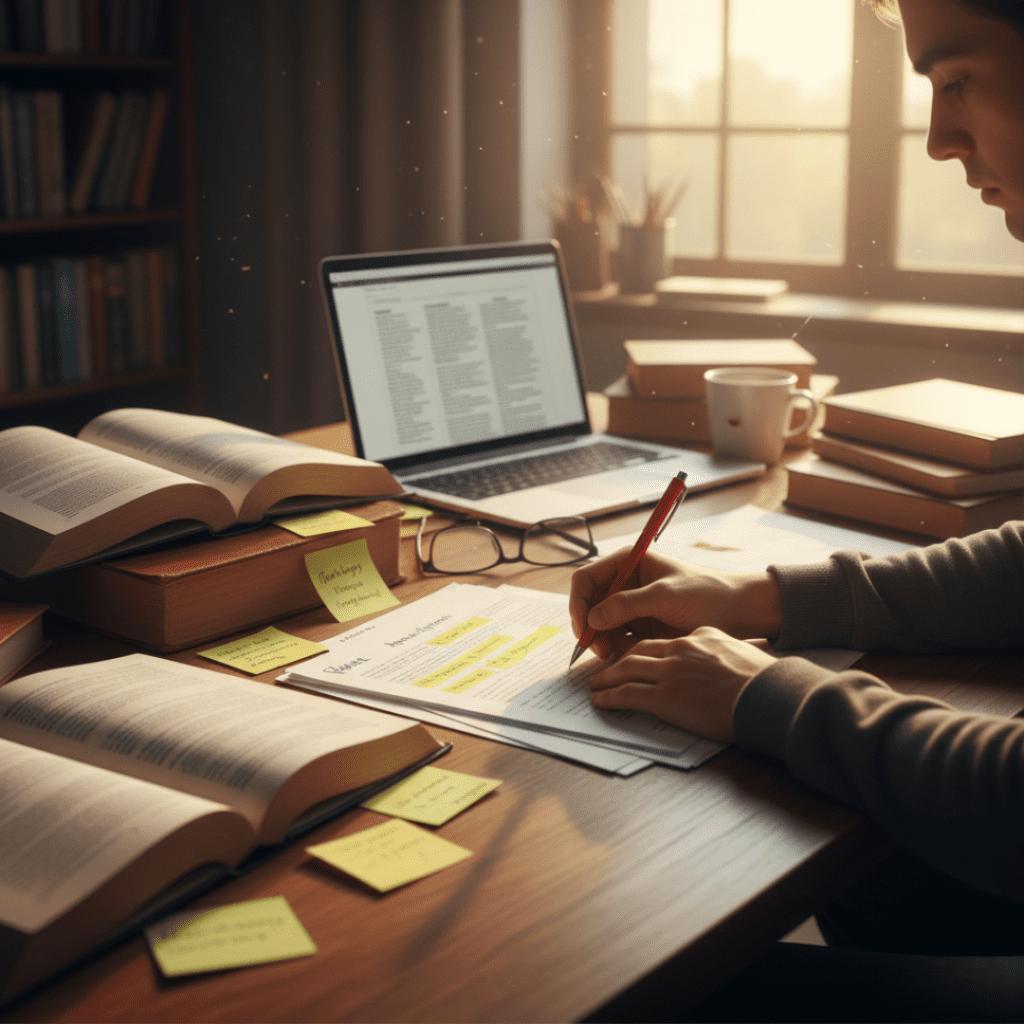 Aluno revisando texto científico e aprimorando a redação do projeto de mestrado.