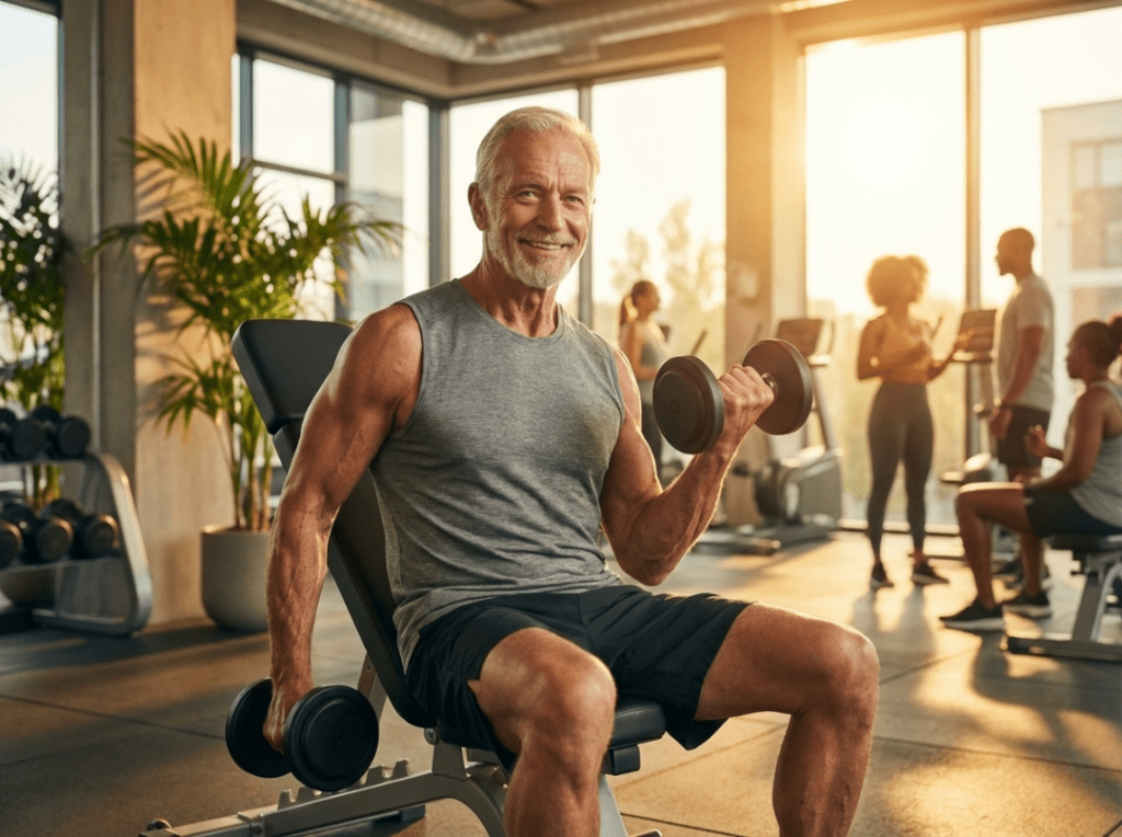 hipertrofia muscular e saúde: Idoso treinando força representando longevidade, funcionalidade e saúde