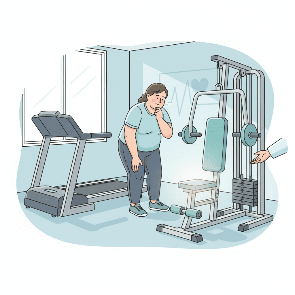 Pessoa com sobrepeso/obesidade, com dor no joelho ou lombar, olhando para uma esteira/caminhada difícil; na frente dela