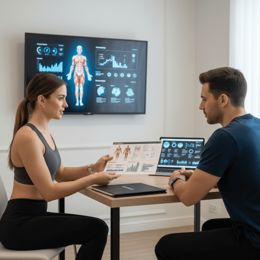 Profissional apresentando relatório de avaliação física como serviço premium.