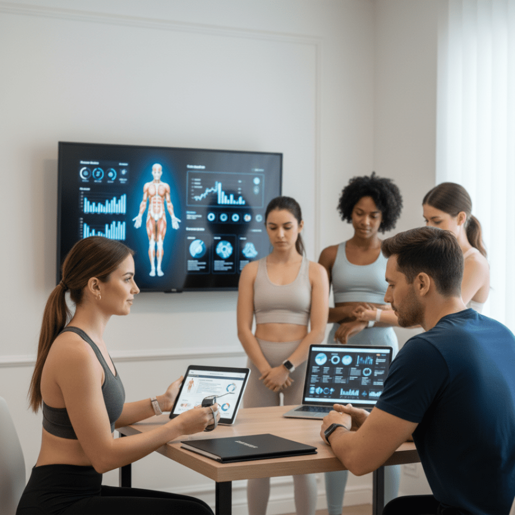 Avaliador físico atuando em programa de saúde corporativa avaliando colaboradores.