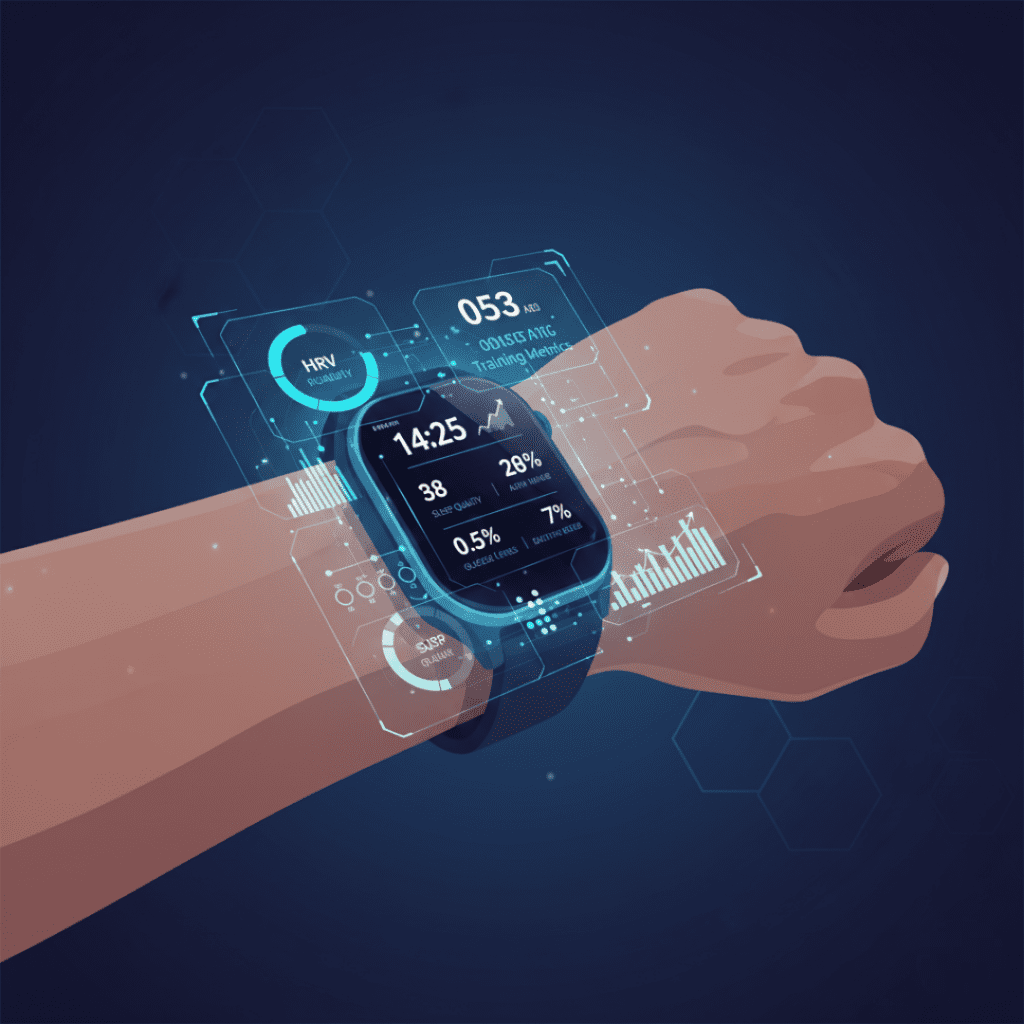 Tecnologia vestível monitorando biomarcadores como HRV, sono e glicemia durante o treino.