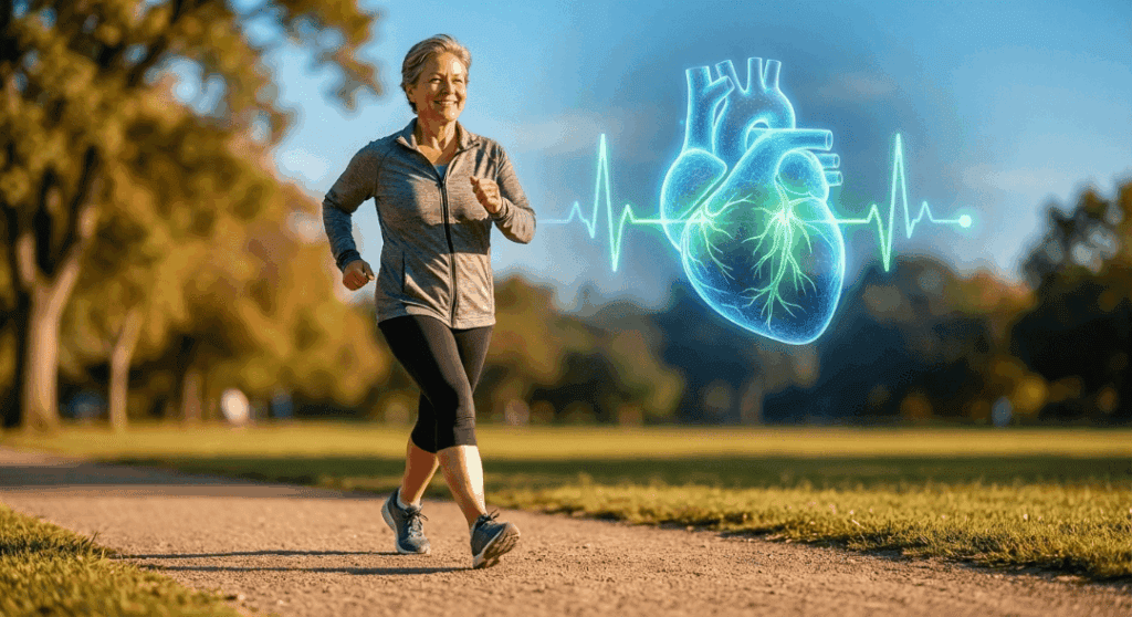 uma mulher de meia-idade sorrindo durante uma caminhada rápida