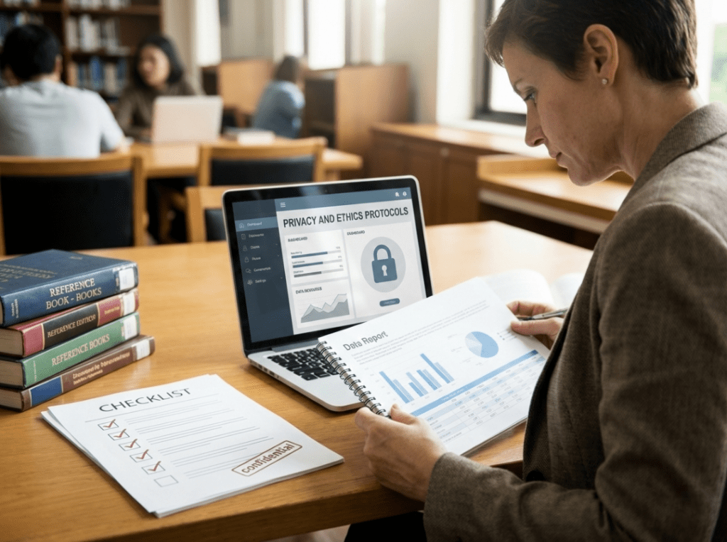 inteligência artificial no mestrado: Pesquisador revisando dados e referências com foco em ética e segurança